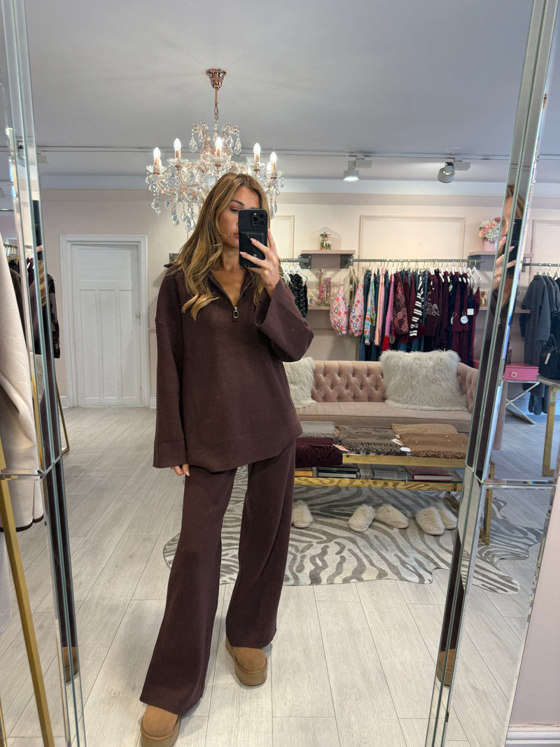 HARLOW KNITTED ZIP THROUGH TROUSER SET BROWN