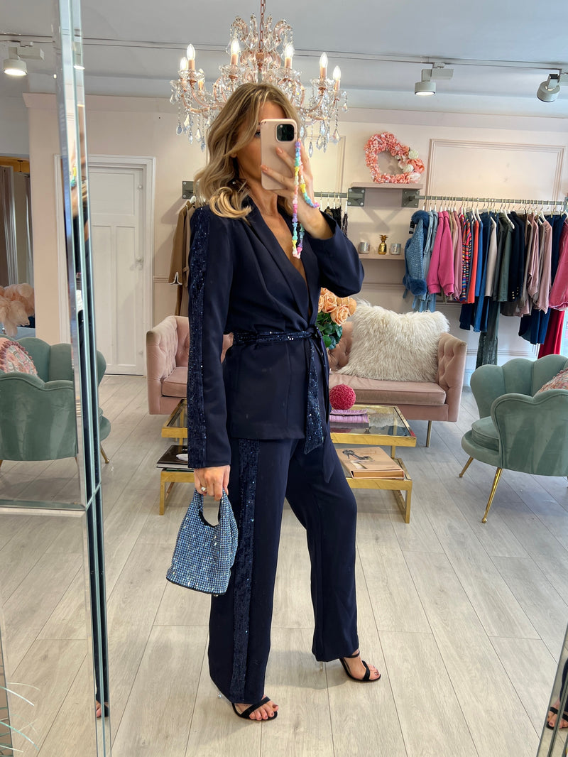 SASHA NAVY SEQUIN PANEL BLAZER & TROUSER SUIT