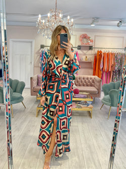 ADELAIDE CORAL & TEAL DECOPRINT MAXI DRESS