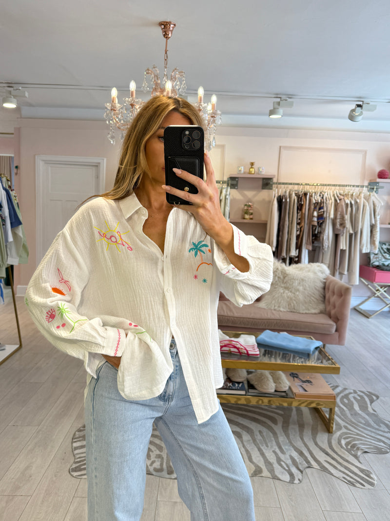 LOVE PALM EMBROIDERED WHITE CHEESECLOTH SHIRT