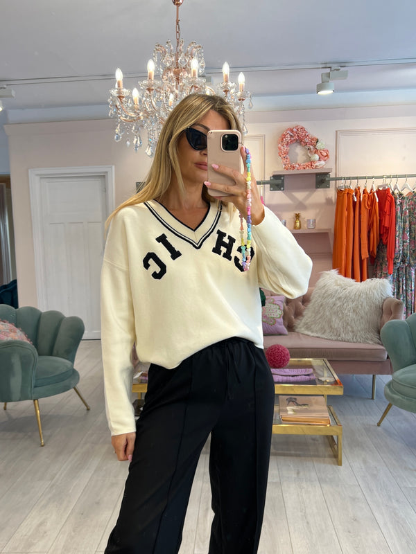CREAM CHIC SLOGAN KNIT JUMPER