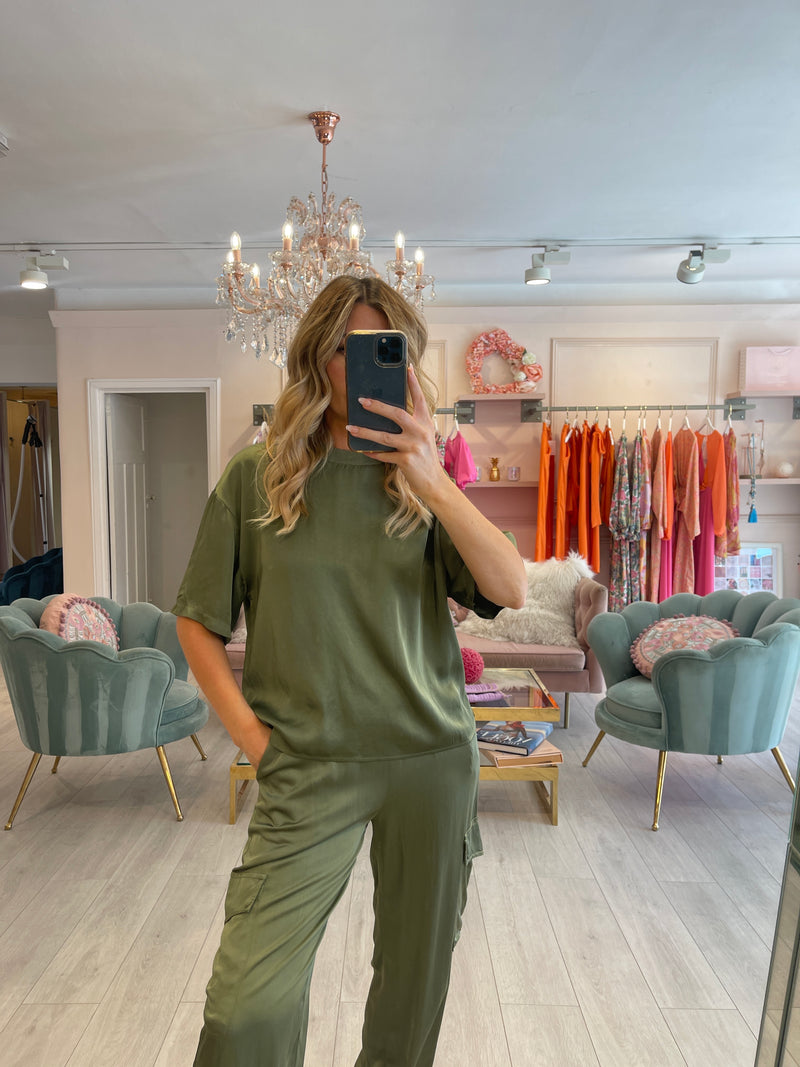 MAYA CARGO STYLE SATIN JOGGER AND TEE SET