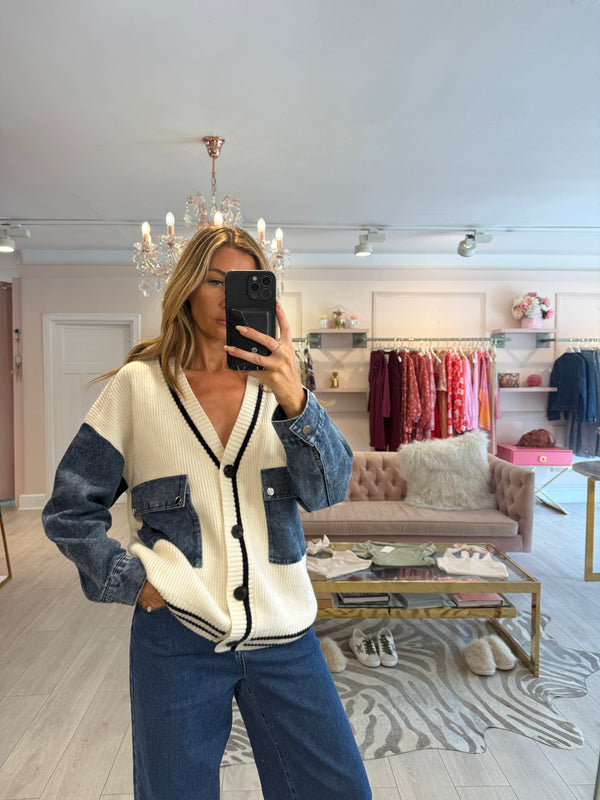 CASSIS DENIM TRIM BASEBALL JACKET CREAM