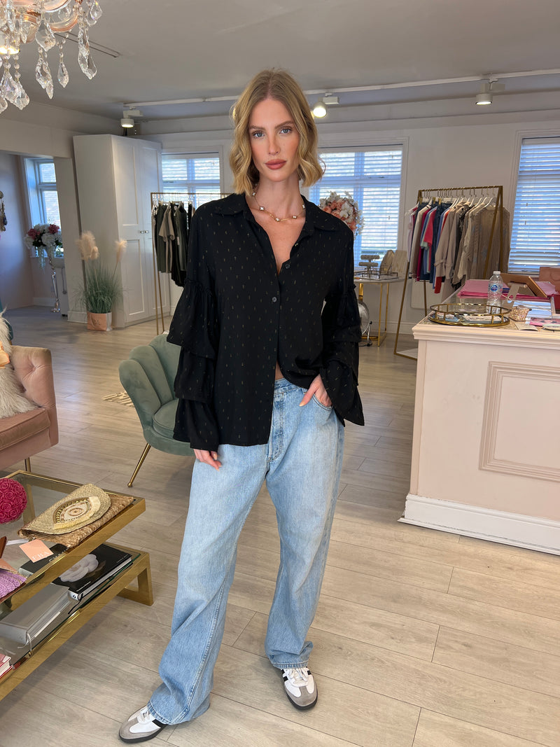NELLIE LUREX THREAD TIERED SLEEVE BLOUSE IN BLACK