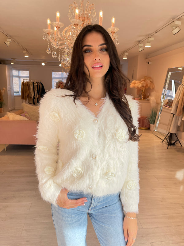 CHER FLUFFY KNIT CARDIGAN WITH KNIT FLOWERS