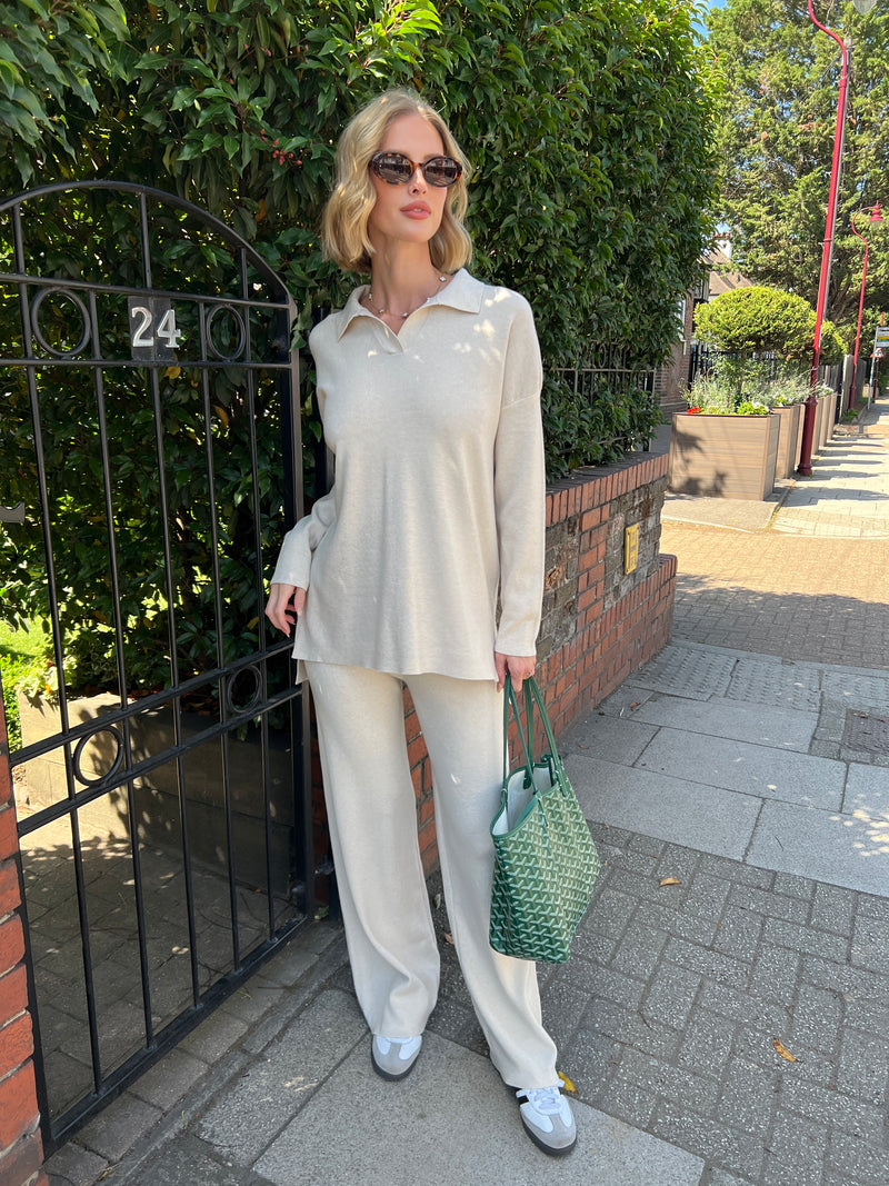 SOLENE BEIGE KNITTED TROUSER SET