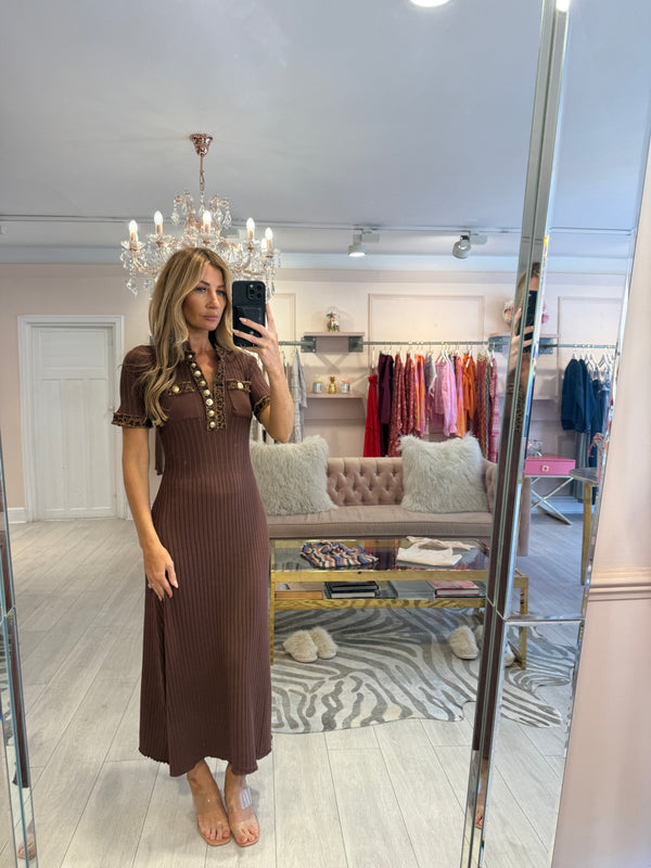 MAURA MIDI DENIM LEOPARD TRIM BROWN DRESS