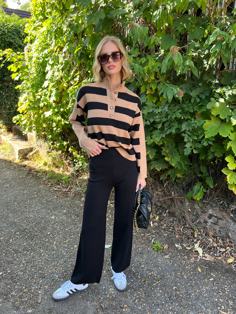 NINA CAMEL BLACK STRIPE KNITTED TROUSER SET