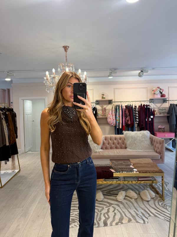 DALIA PEARL KNIT TOP BROWN