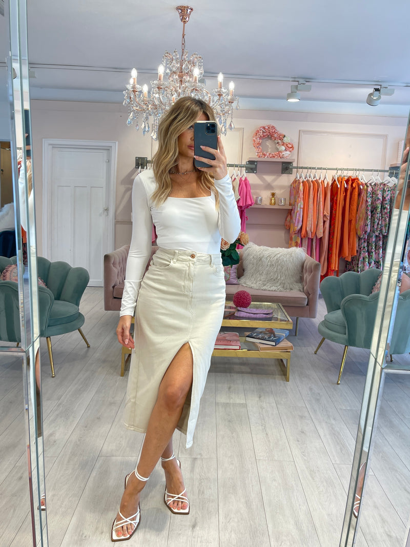 CREAM DENIM MIDI SKIRT WITH SLIT FRONT DETAIL