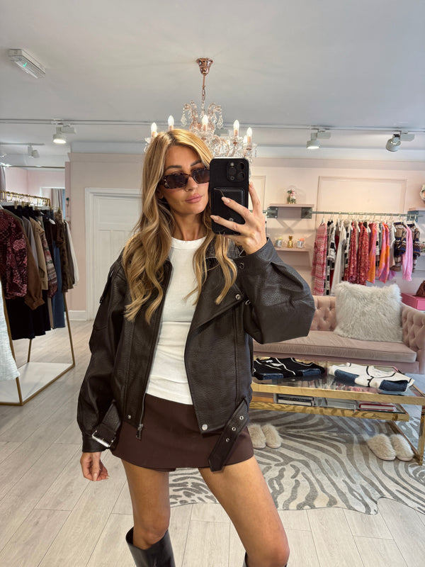 CERRIS FAUX LEATHER BOMBER JACKET BROWN