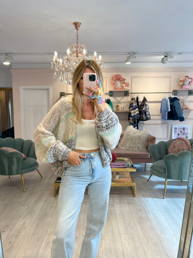 FRANCINE OATMEAL/MINT CHUNKY SHORT CARDIGAN