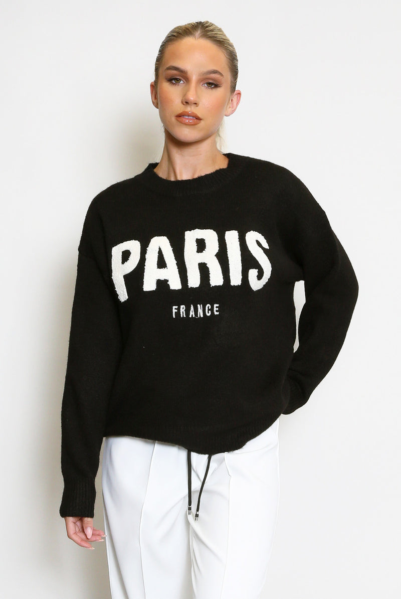 BLACK PARIS SLOGAN KNIT JUMPER