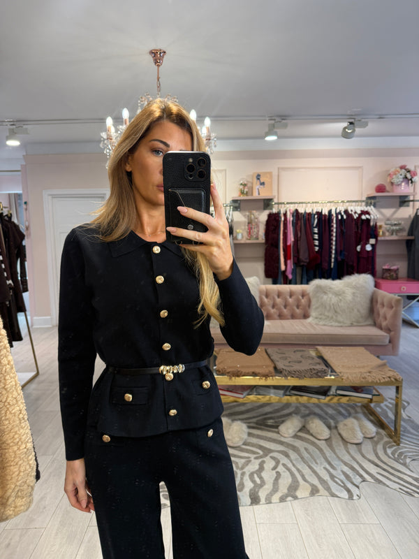 VIVI BELTED CARDIGAN KNIT TROUSER SET BLACK