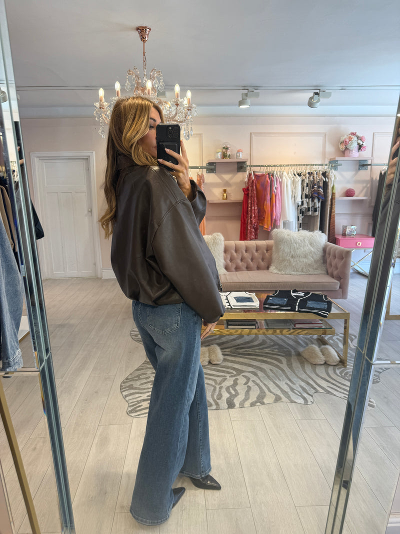 EMBER FAUX LEATHER BOMBER JACKET BROWN