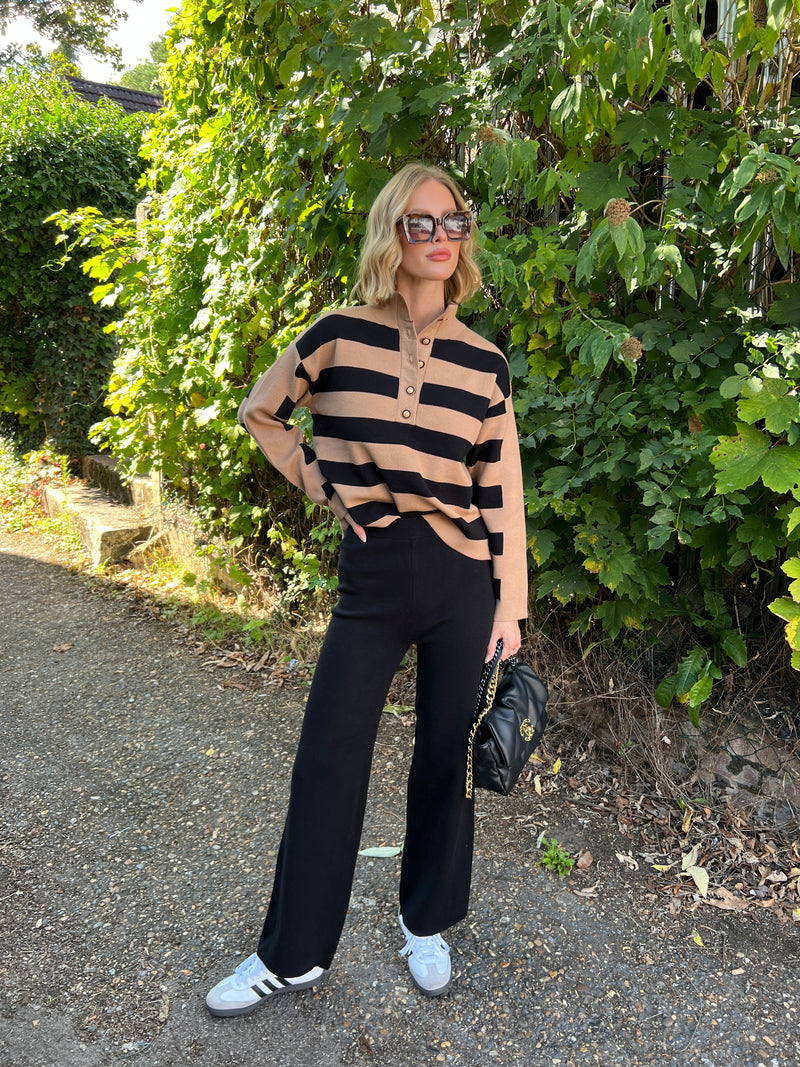 NINA CAMEL BLACK STRIPE KNITTED TROUSER SET