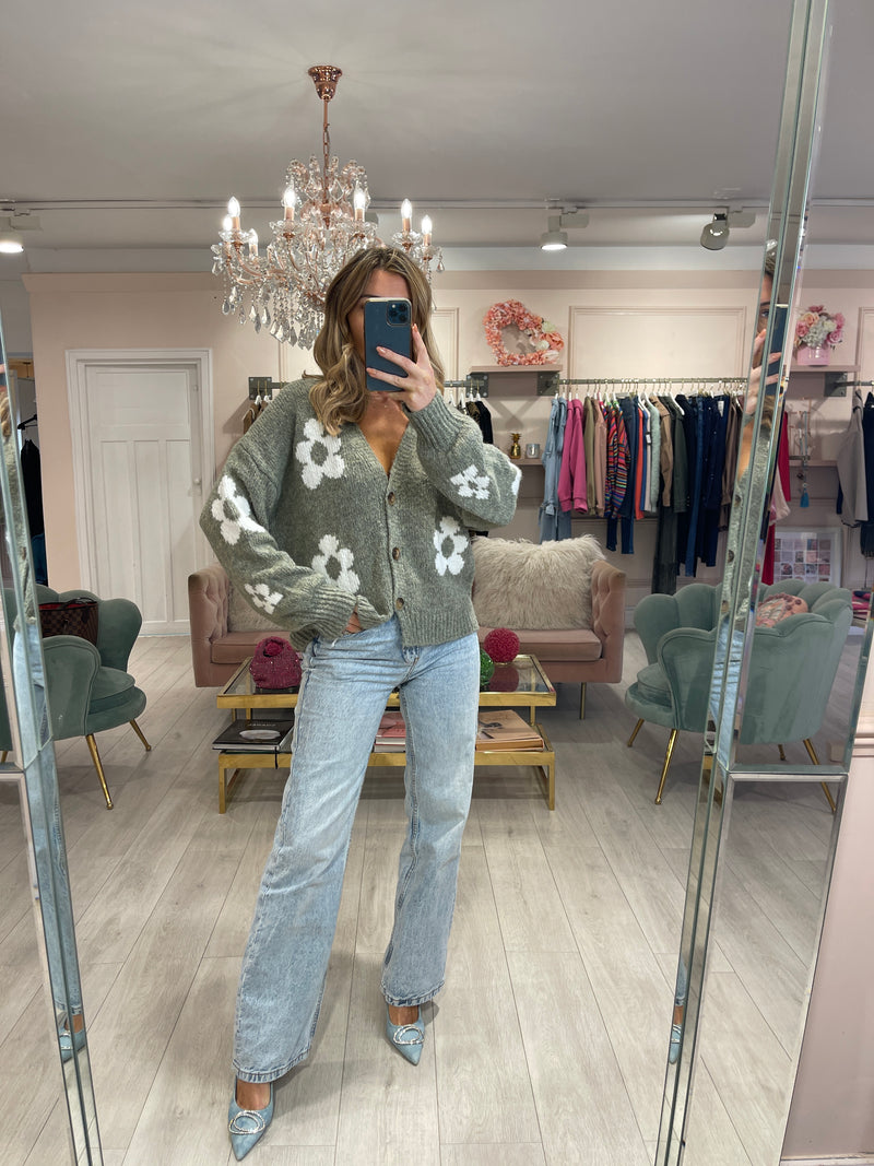 FLOWER PRINT CARDIGAN KHAKI W/WHITE