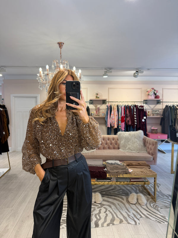 AMAYA GOLD SEQUIN CROCHET KNIT TOP