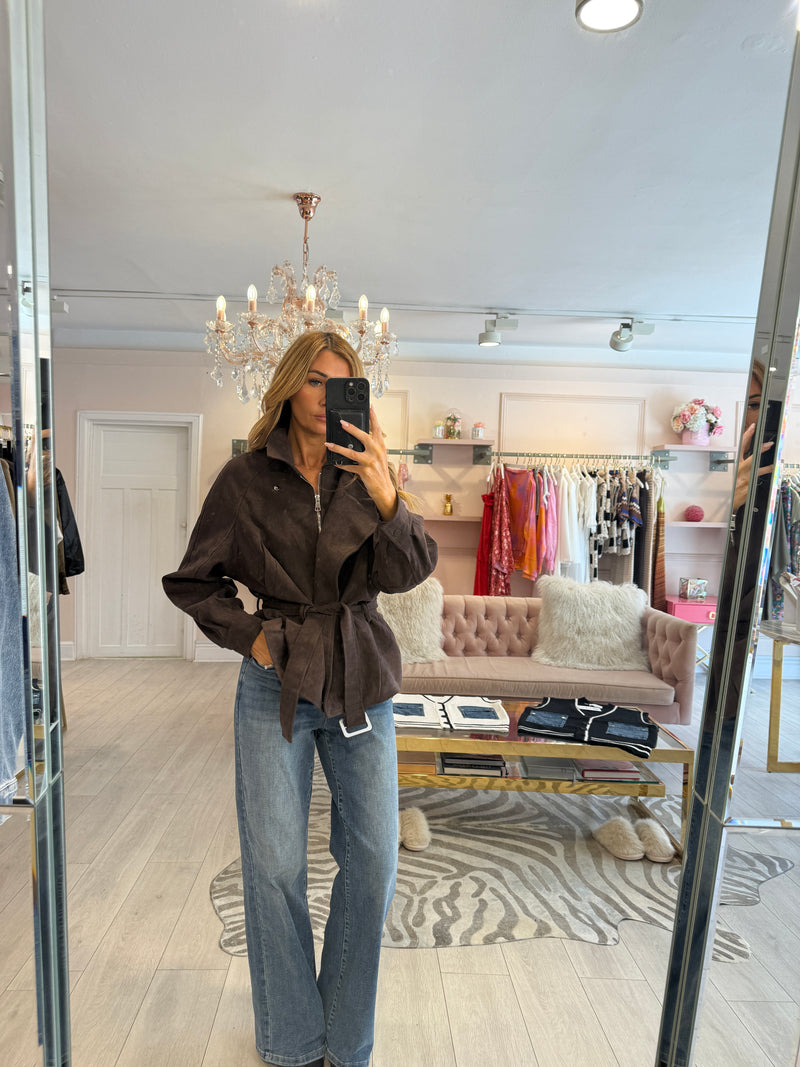 ALESIA FAUX SUEDE BIKER JACKET BROWN