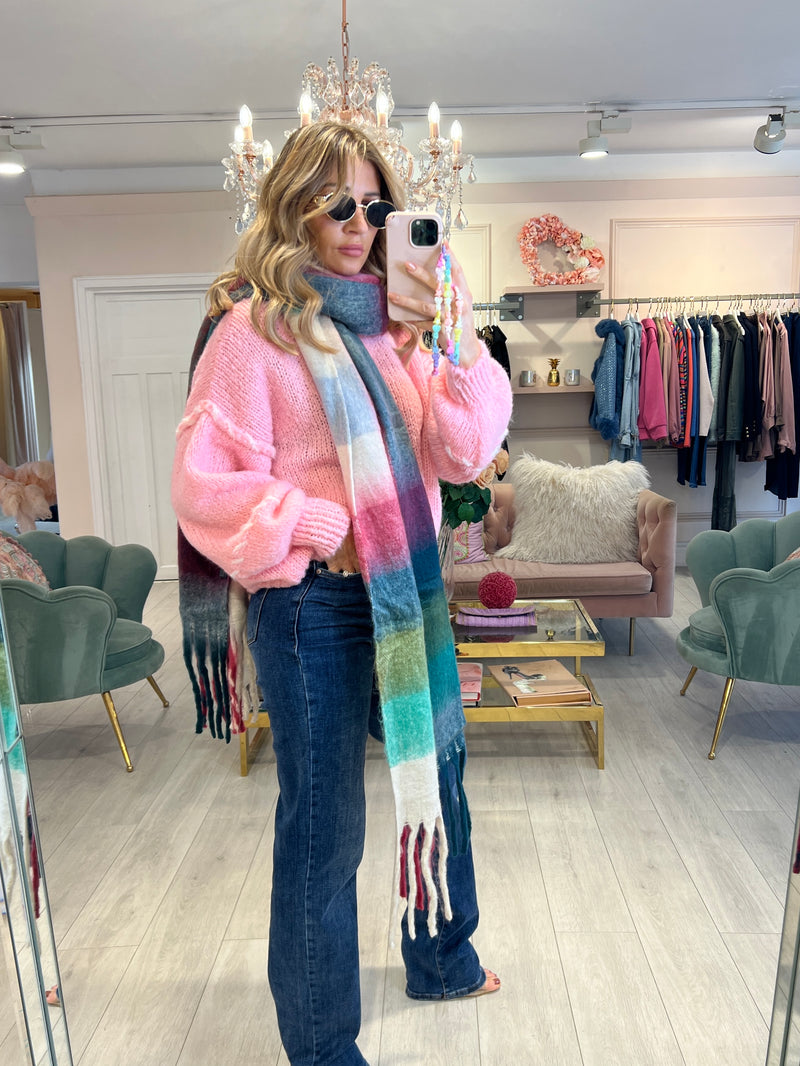 FUCHSIA CHECK FLUFFY SCARF