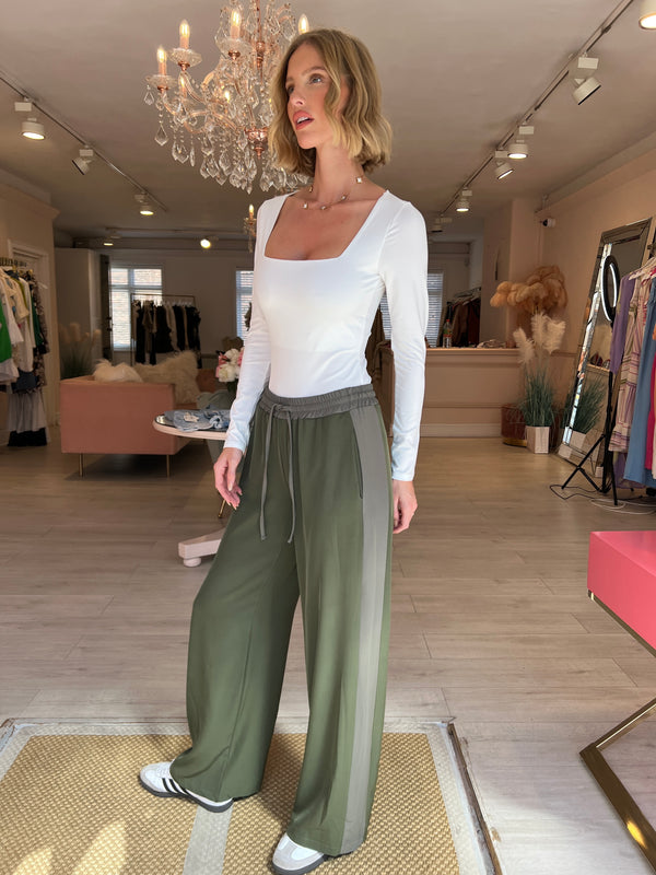 KHAKI TWO TONE WIDE LEG TROUSERS