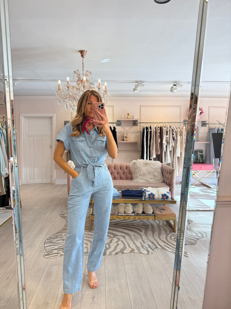 LUCY TIE BELT DENIM JUMPSUIT