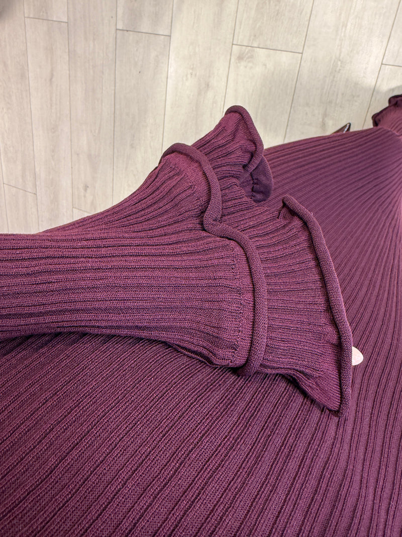 NICCI RIBBED RUFFLE SLEEVE MAXI DRESS PLUM