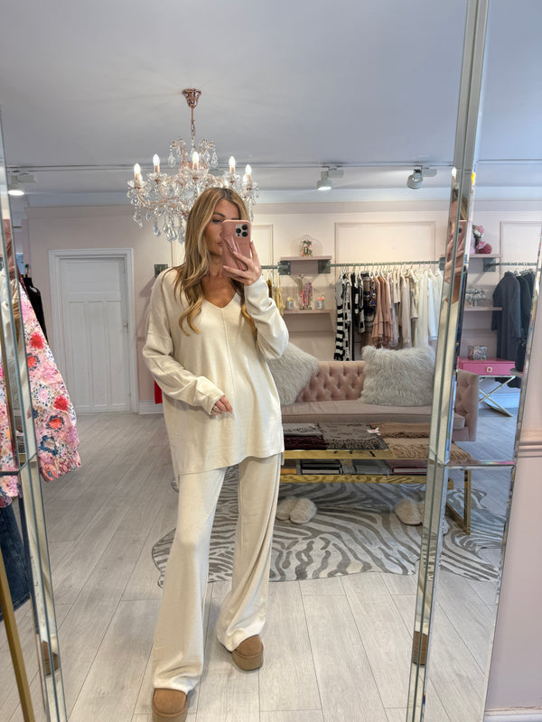 HEATHER V NECK KNITTED TROUSER SET LIGHT BEIGE
