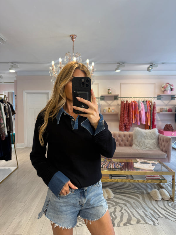 ANGIE DENIM COLLARED KNIT BLACK