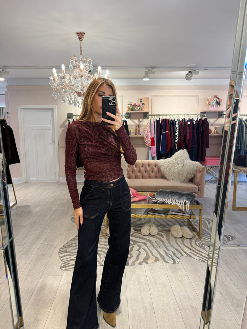 MARNIE MESH LEOPARD PRINT TOP WITH SHIMMER BURGUNDY