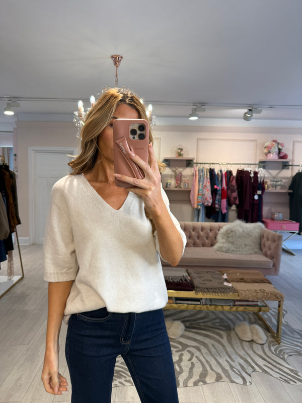 ALIA V NECK SHORT SLEEVE RIBBED JUMPER CREAM