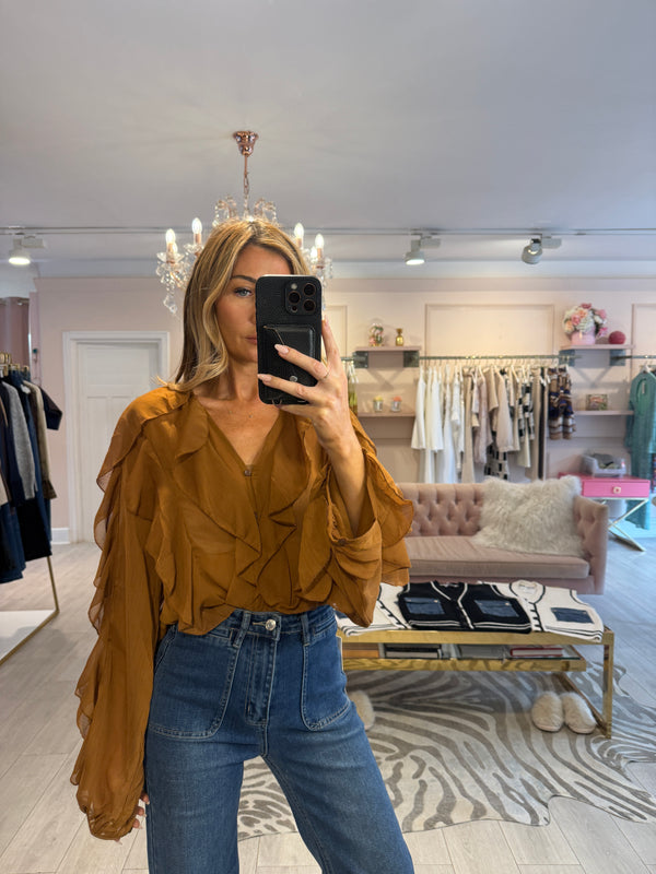 DOLLY FRILL BLOUSE BROWN