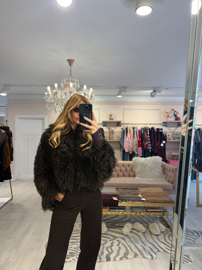 FIFI FAUX MONGOLIAN FUR JACKET BROWN