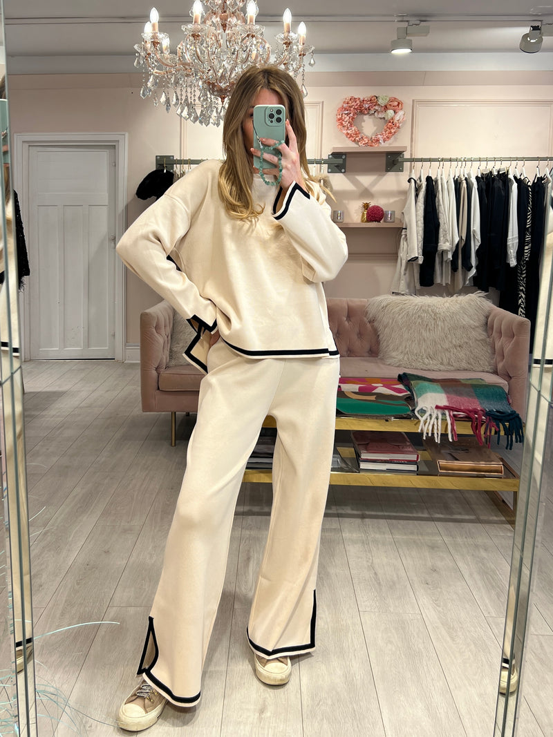 CAMILLE BEIGE WITH BLACK TRIM KNITTED TROUSER SET