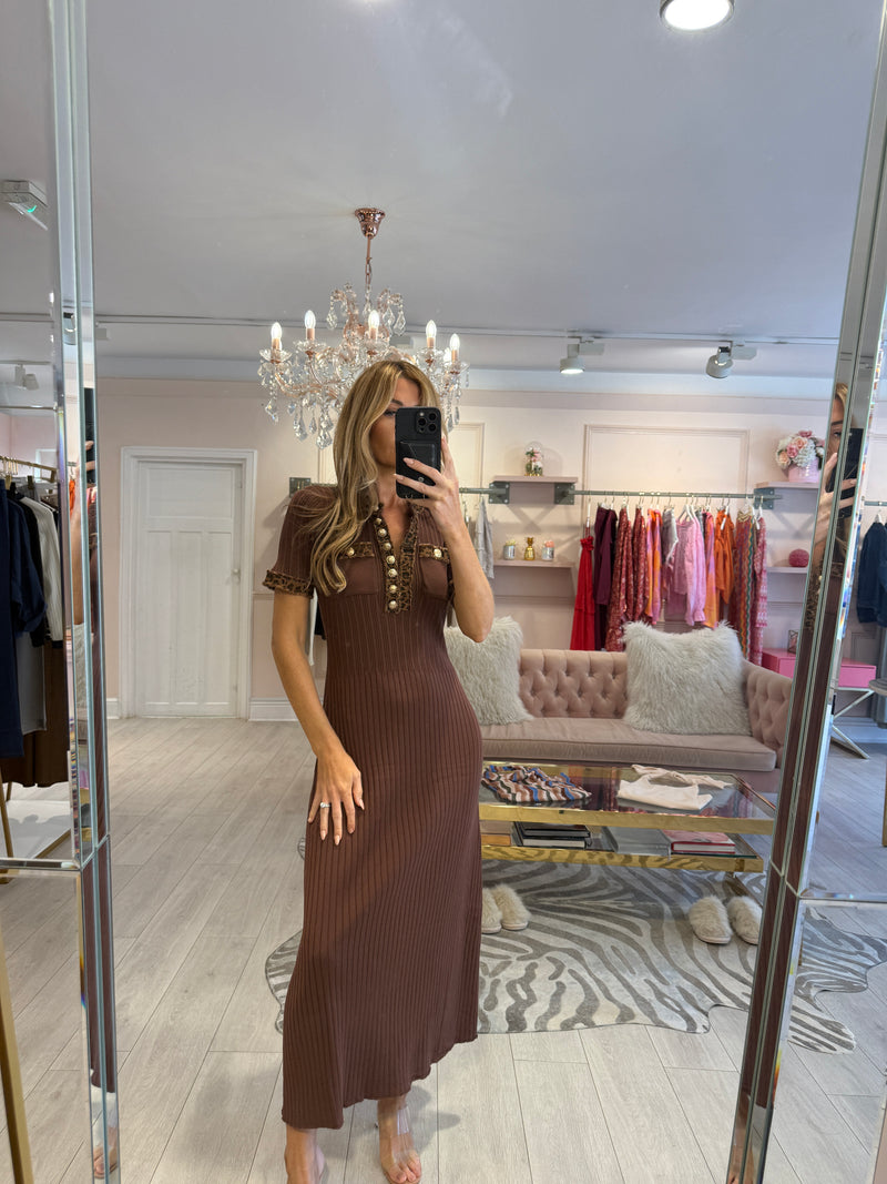 MAURA MIDI DENIM LEOPARD TRIM BROWN DRESS