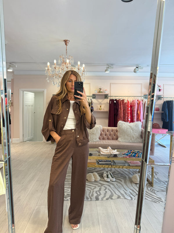 IMOGEN SATIN FINISH JACKET & TRS SET BROWN