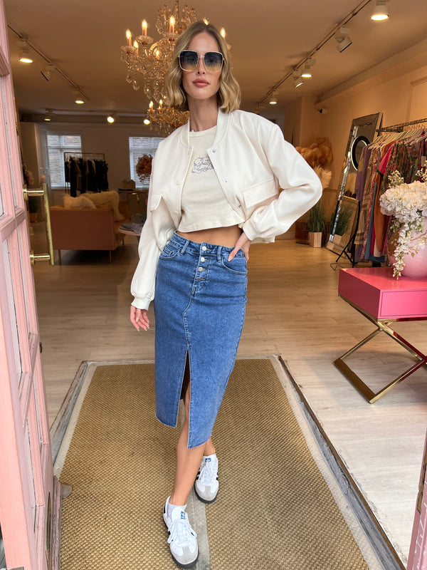 DENIM MIDI SKIRT WITH SLIT FRONT DETAIL