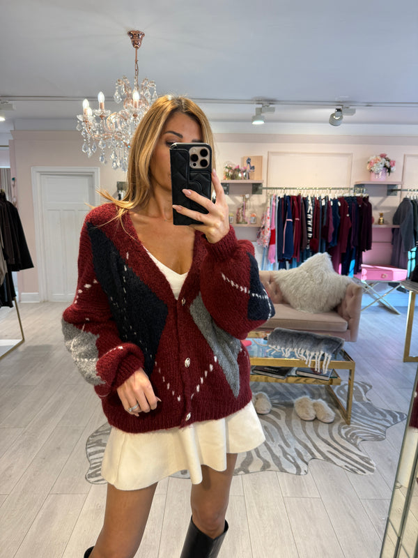 TARA WOOL MIX ARGYLE CARDIGAN WINE