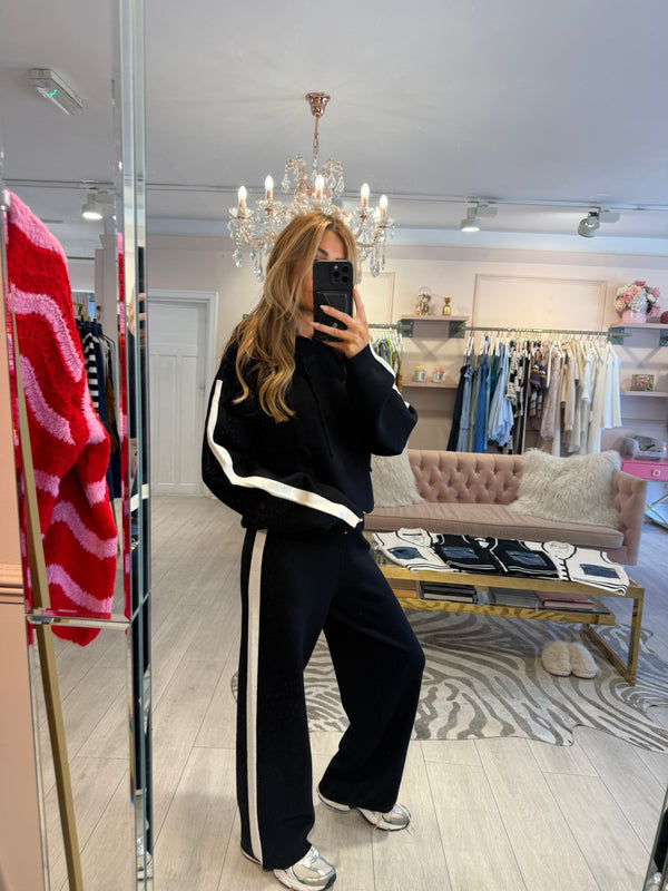 CYNTHIA CONTRAST TRIM HOODED LOUNGE SET BLACK