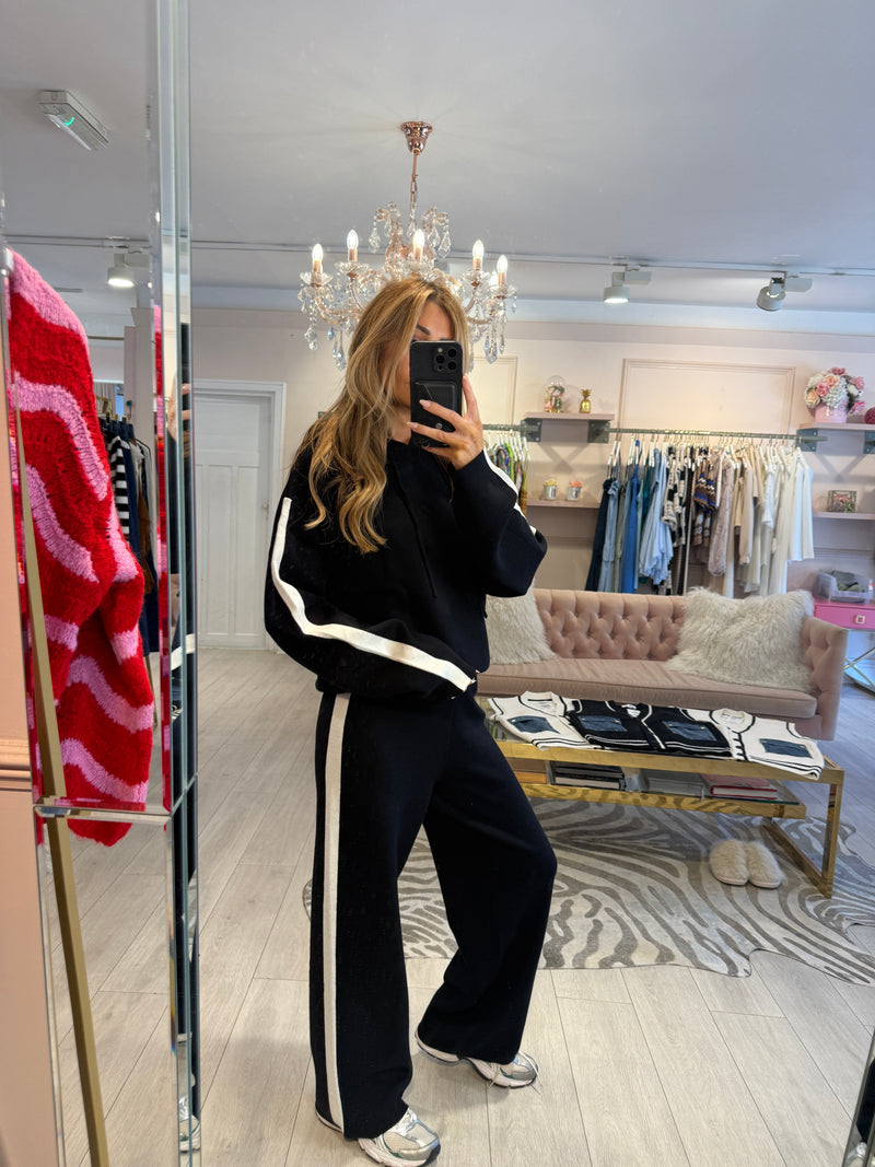 CYNTHIA CONTRAST TRIM HOODED LOUNGE SET BLACK