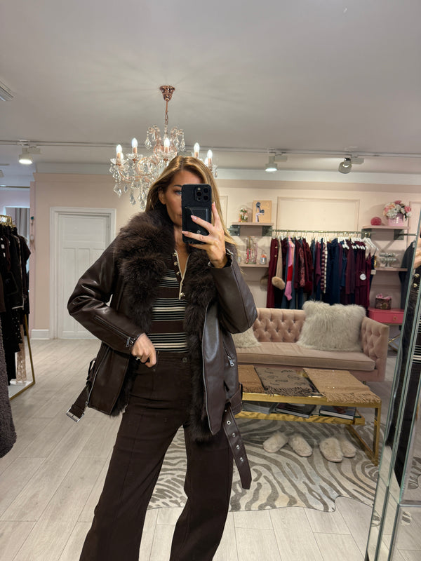 FAUX LEATHER BIKER WITH FUR TRIM BROWN