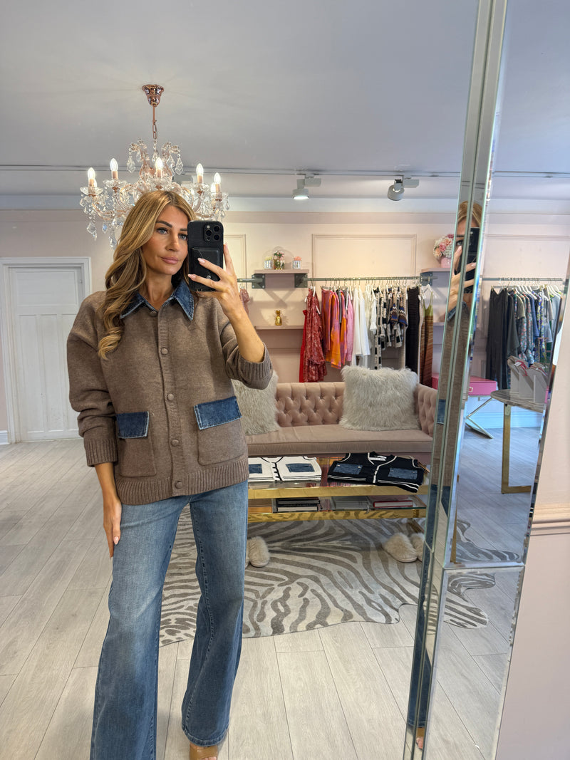 TAYLOR DENIM TRIM CARDIGAN COCOA