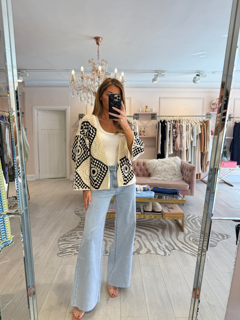 ANITA OPEN CROCHET CARDIGAN BLACK/CREAM