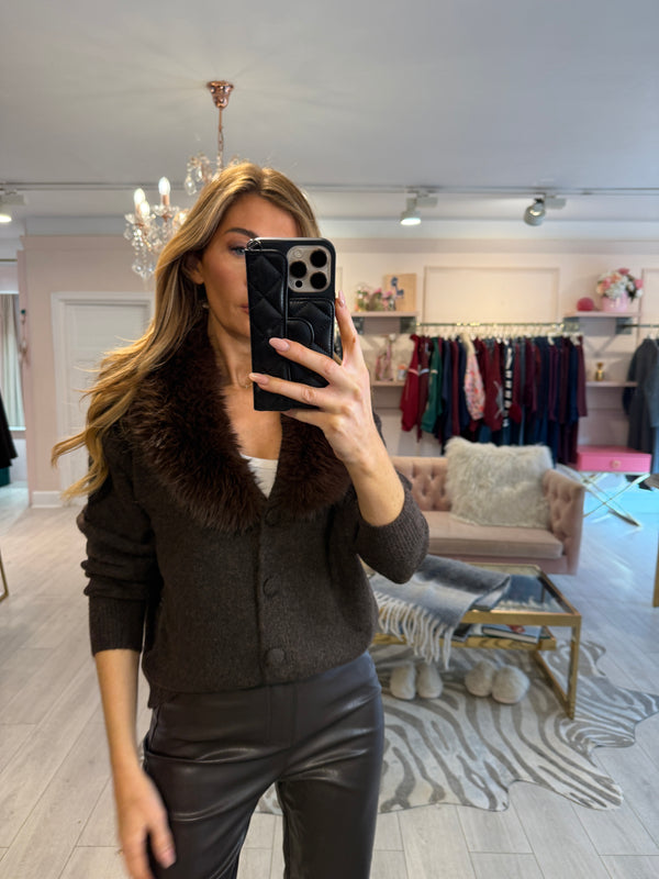ISABEL FAUX FUR TRIM CARDIGAN BROWN