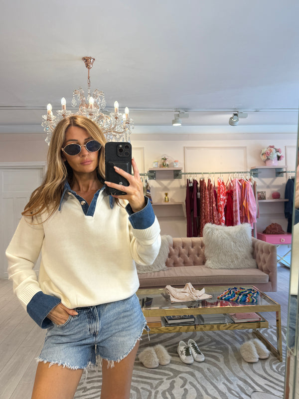 ANGIE DENIM COLLARED KNIT CREAM