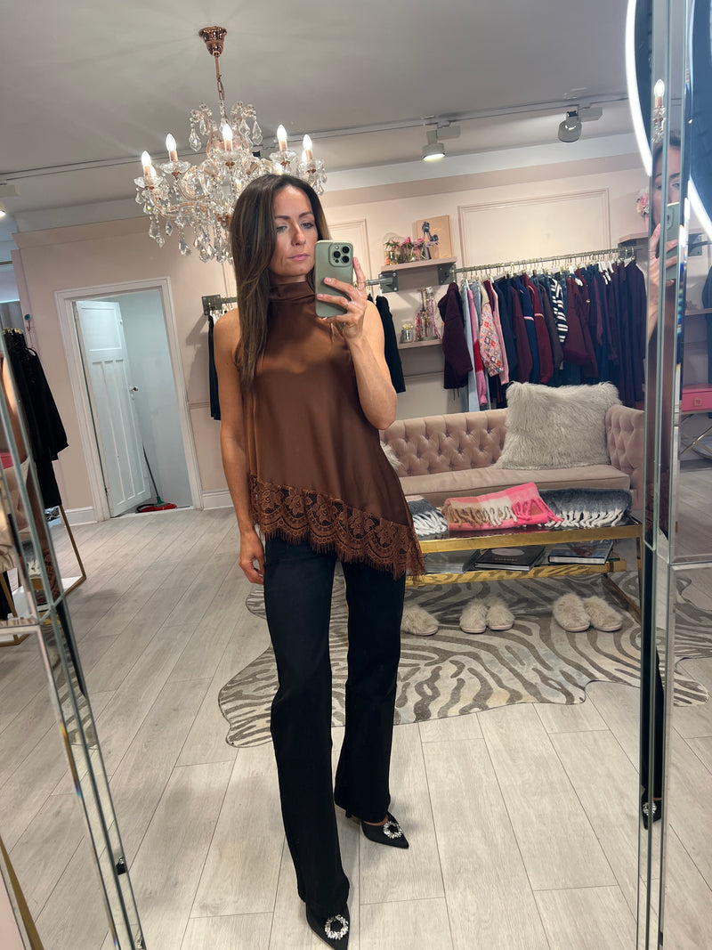 CAMILE SATIN HALTER NECK TOP BROWN