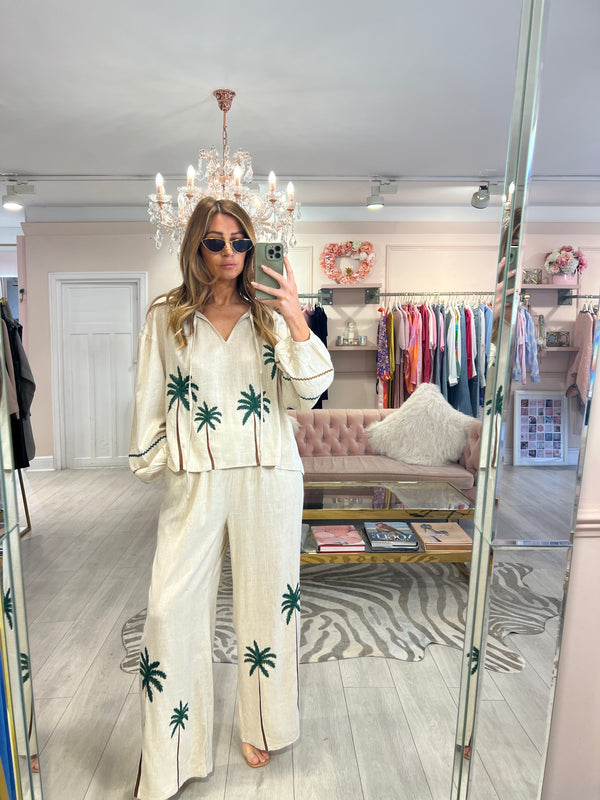 TIARE EMBROIDERED PALM LINEN TROUSER SET BEIGE