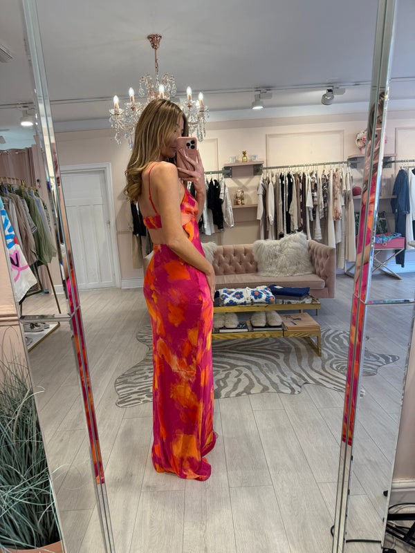 JESSICA SATIN CUT OUT BACK MAXI FUCHSIA