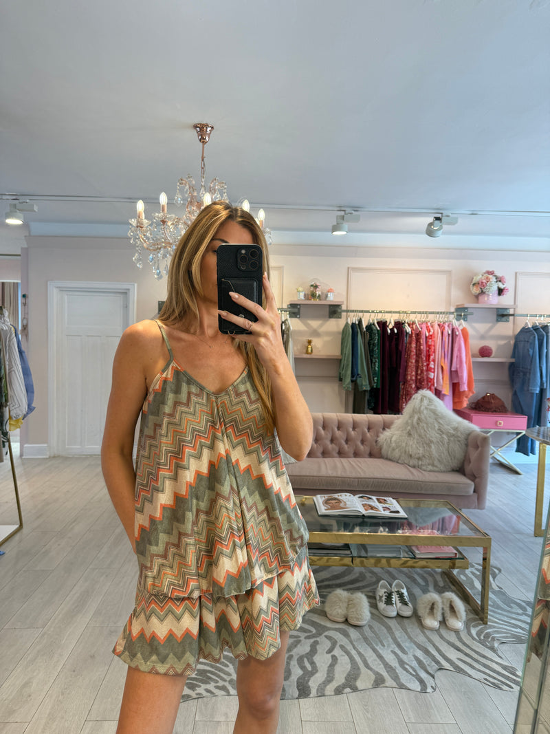 CHARLOTTE GREEN CHEVRON LUREX PRINTED SHORT SET