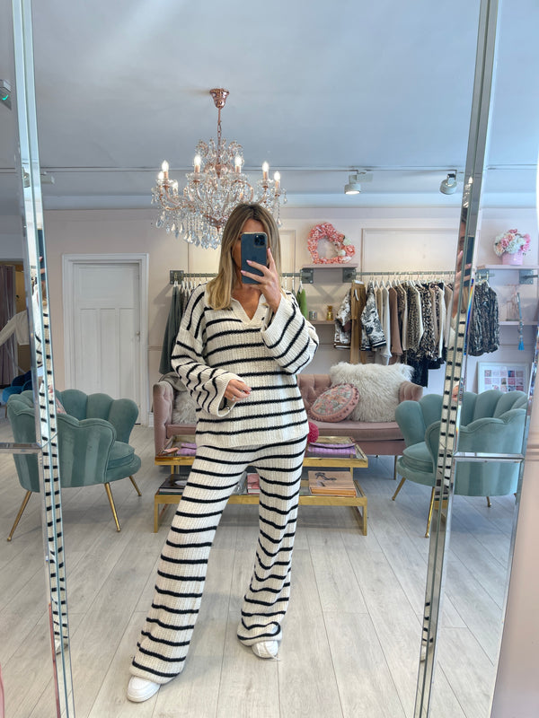 CARMELLA STRIPED KNITTED TROUSER AND JUMPER SET BLACK
